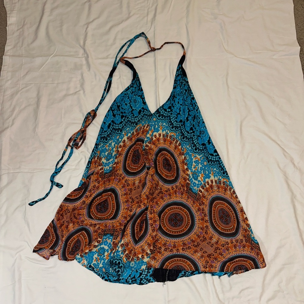 Bohemian Blue & Rust Halter Sundress or bathing suit cover